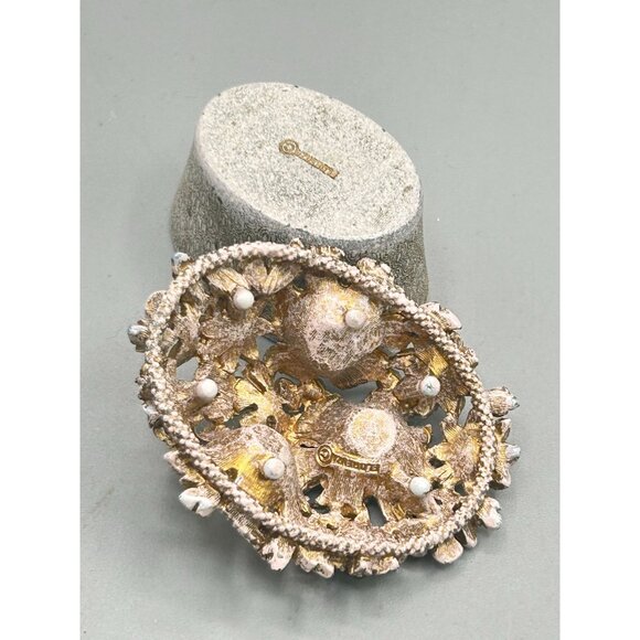 Vintage Florenza Small Enameled Trinket Box Basket of Flowers Rhinestones Pearls - Picture 8 of 14